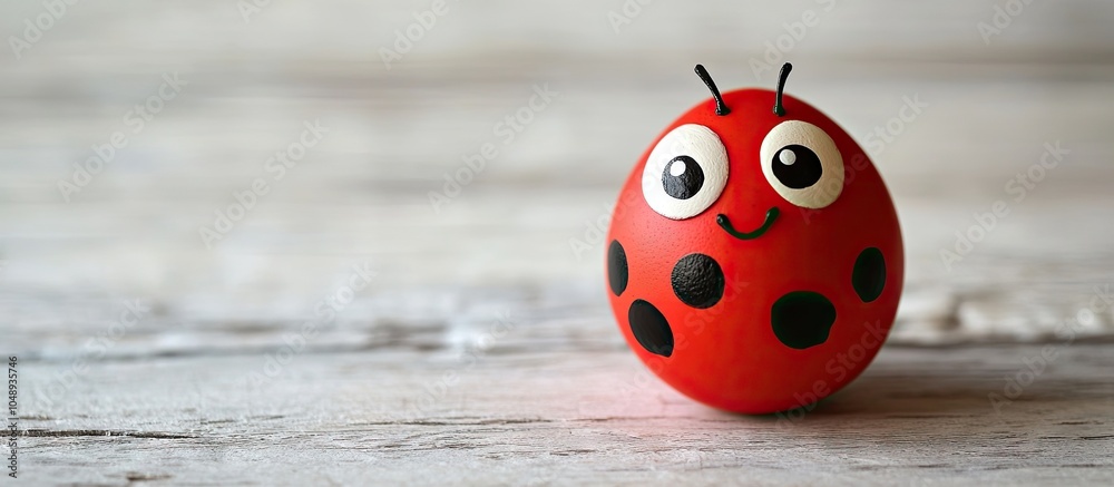 Poster Easter egg colored in red white and black featuring a cheerful ladybug face A boiled chicken egg with a red shell Set against a white wooden table background Large eyes on a playful face