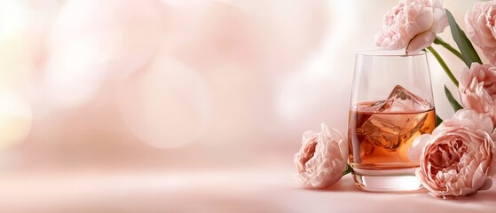  A tight shot of a glass holding a drink next to arranged flowers on a table Background features indistinctive, soft-lit lights