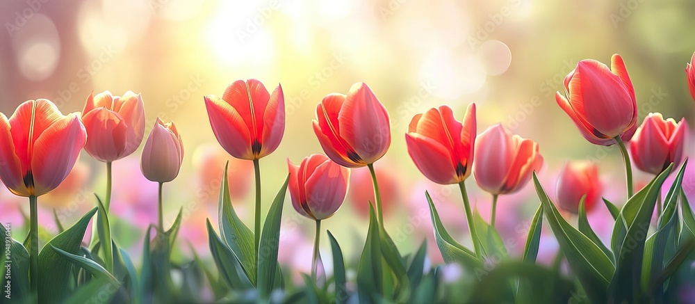 Fototapete Tulip flowers in spring on the background. with copy space image. Place for adding text or design