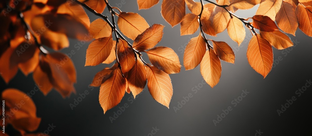 Poster close up of autumn colored leaves on a beech tree branch captured backlit. with copy space image. pl