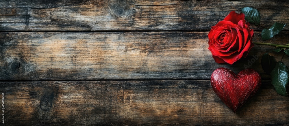 Aufkleber red rose and red heart on a rustic wooden background with copyspace for text