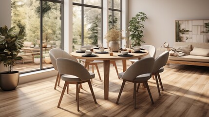 Modern Scandinavian dining room with round dining table, minimalist decor, and cozy atmosphere.