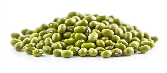Green Mung Beans also known as Mung Dal Vigna Radiata Green Beans or Moong Dal isolated on a White Background. with copy space image. Place for adding text or design