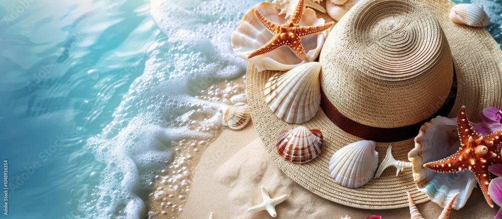 Poster Beach hat adorned with sea shells and sand concept of a seaside vacation. with copy space image. Place for adding text or design