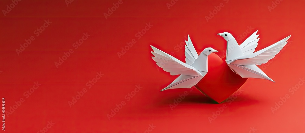 Poster Message of pure love concept Two origami white doves holding a heart shape against a red background. with copy space image. Place for adding text or design