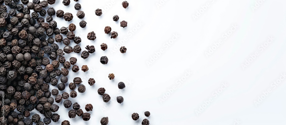 Aufkleber black peppercorns set against a white background. with copy space image. Place for adding text or design