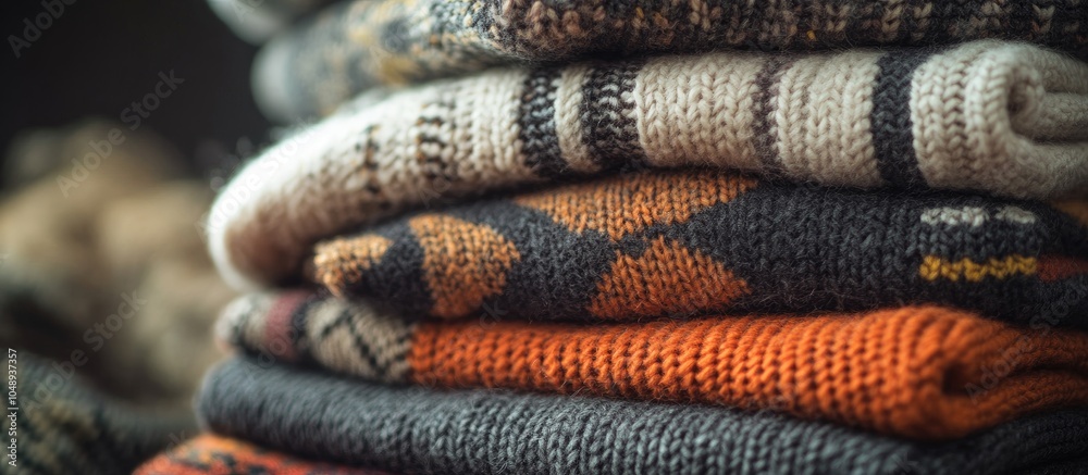 Aufkleber a close up of a stack of folded knitted sweaters featuring various patterns background suitable for 