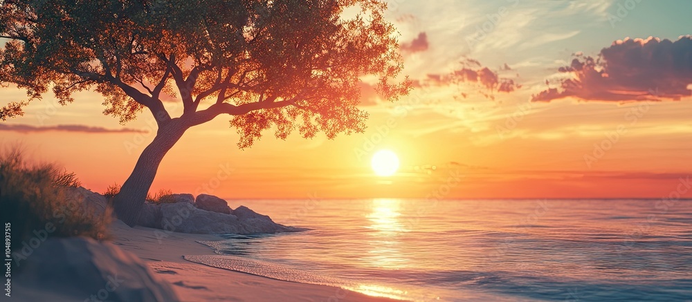 Aufkleber watching the sunset beneath the tree on the beach. with copy space image. place for adding text or d