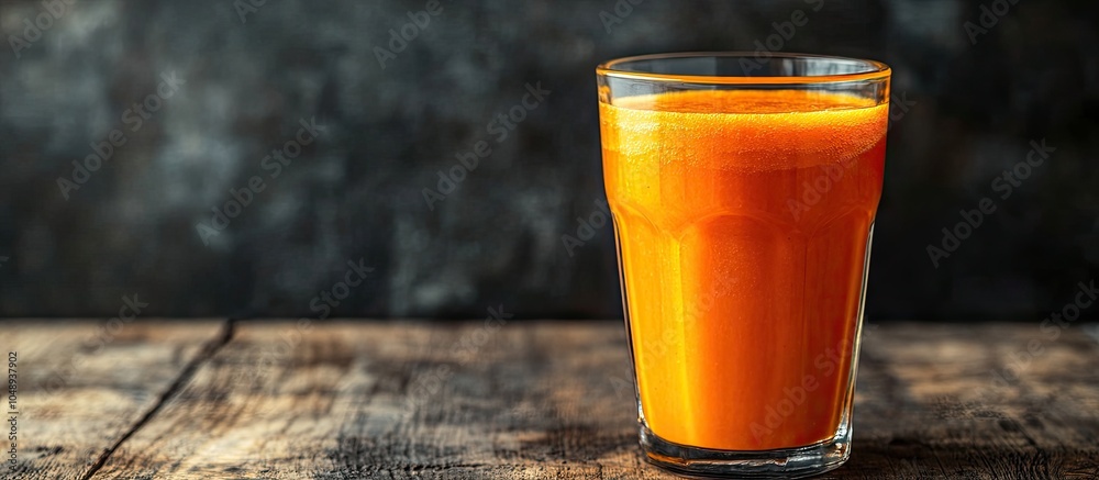 Poster Orange pumpkin and carrot juice blended in a tumbler glass on a walnut table with a shallow focus. with copy space image. Place for adding text or design