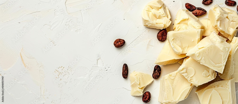 Poster cocoa butter for skincare white background top view copyspace