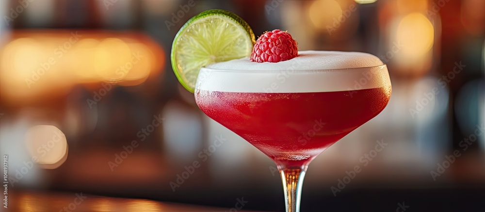 Poster Detail of a red cocktail topped with white foam featuring rum raspberry and lime in a martini glass in a restaurant awaiting to be served by the waiter. with copy space image