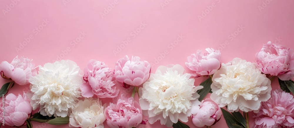 Fototapete Pink and white peonies set against a pink background Pink peonies Retro backdrop featuring flowers with space for text below Top view. with copy space image. Place for adding text or design