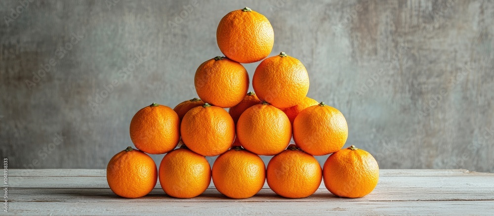 Fototapete Pyramid arrangement of mandarin oranges on a vintage white wood table backdrop. with copy space image. Place for adding text or design