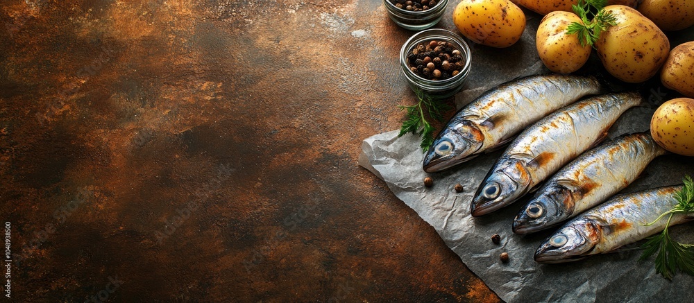 Fototapete Herring and potatoes as a second course feature marinated fish and onion creating a fresh ready to eat meal or snack on the table with copy space for a food background in a rustic style