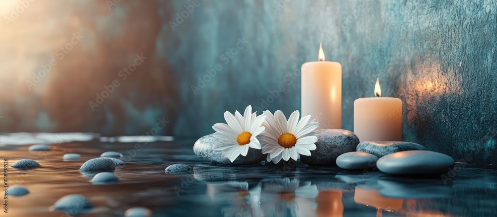 Poster spa decor featuring candles daisies and spa stones. with copy space image. place for adding text or 