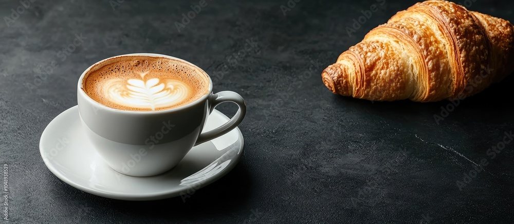 Poster White cup of cappuccino on a dark background Italian breakfast featuring cappuccino and croissant on a black background. with copy space image. Place for adding text or design