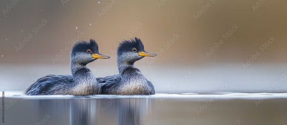 Poster Two Red necked Grebes in a lake during spring. with copy space image. Place for adding text or design