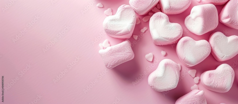 Poster Heart shaped marshmallows on a background Valentine s Day concept. with copy space image. Place for adding text or design