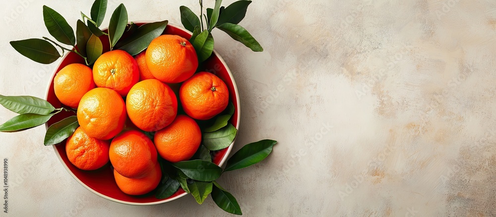 Aufkleber red dish containing oranges and tangerines with green leaves on a light backdrop top view copy space