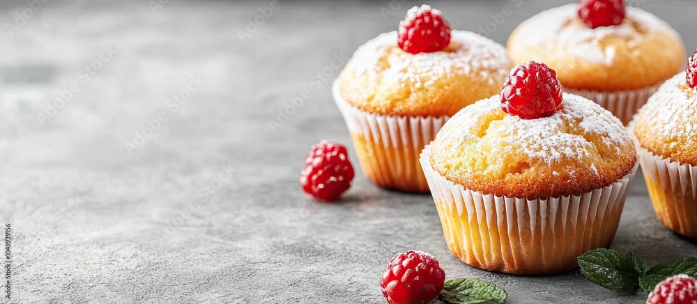 Leinwandbilder tasty sweet muffins on a grey table close up room for text. with copy space image. place for adding 