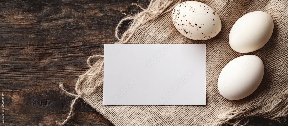 Poster easter eggs on a linen napkin alongside a blank visit card with copyspace for text