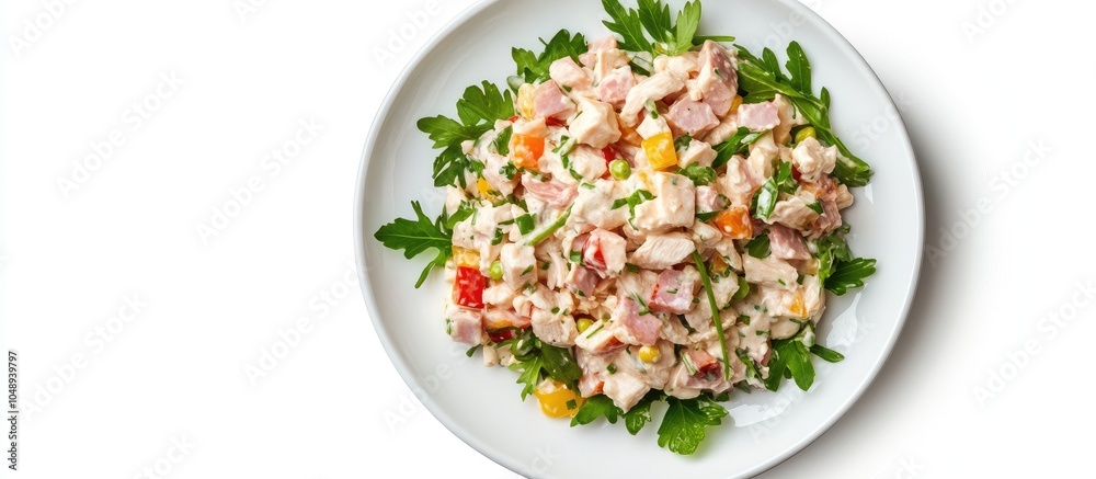 Poster top view homemade chicken ham salad on a white plate isolated against a white background with a clip