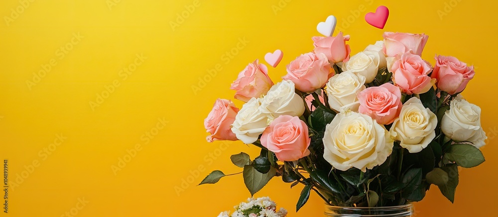 Poster a bouquet of pink and white roses heart shaped stones and flowers on jars against a yellow backgroun