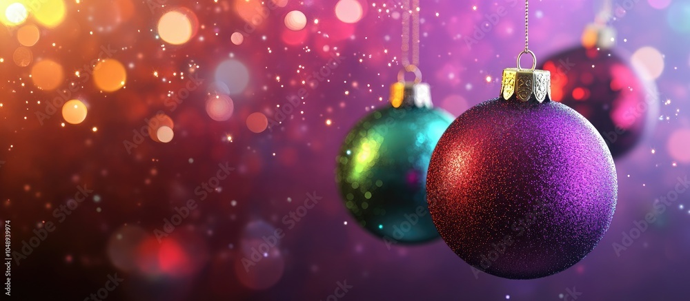 Aufkleber Elegant colored New Year and Christmas ball set against a backdrop with light effects and bokeh Red green magenta lilac purple. with copy space image. Place for adding text or design