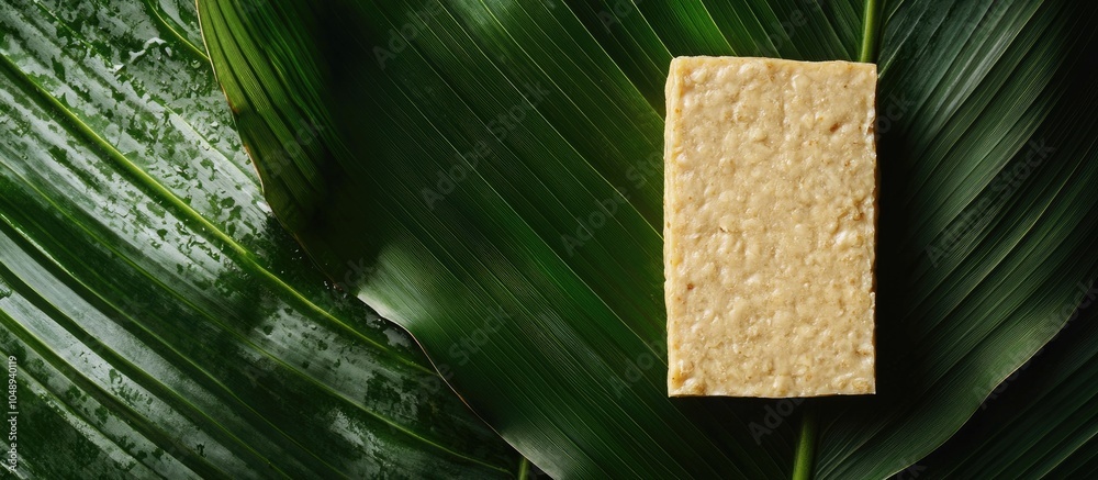 Poster tempe mentah uncooked tempeh raw soybean cake on a banana leaf. with copy space image. Place for adding text or design