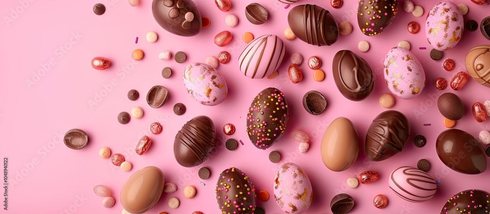 Poster Chocolate Easter eggs and decorations arranged flat for a kids Easter egg hunt concept on a pink background Candies shaped like eggs. with copy space image. Place for adding text or design