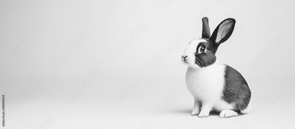 Poster adorable black and white rabbit on a white background. with copy space image. place for adding text 