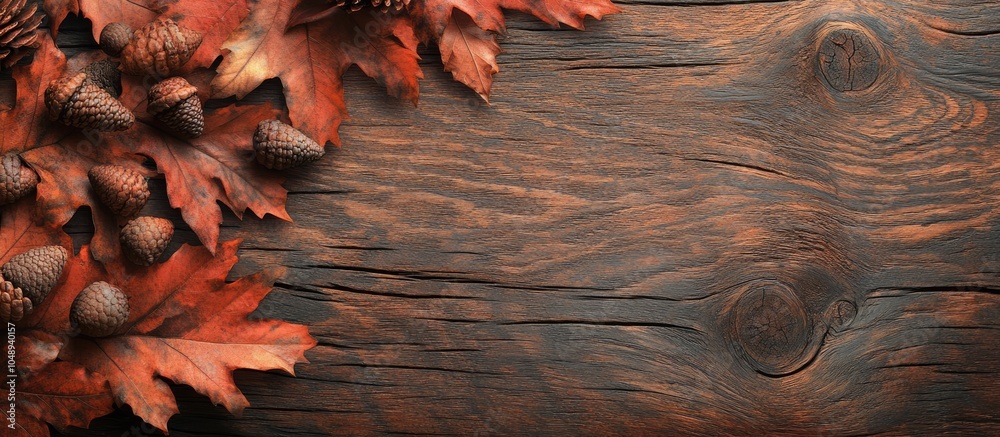 Leinwandbilder autumn leaves and acorns on a weathered brown wooden surface with blank space. with copy space image