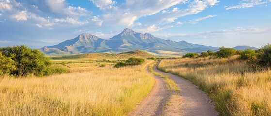 Fototapeta premium A dirt path traversing a spacious field, bordered by tall grass Mountains at a distance, shrouded in clouds, adorn the horizon