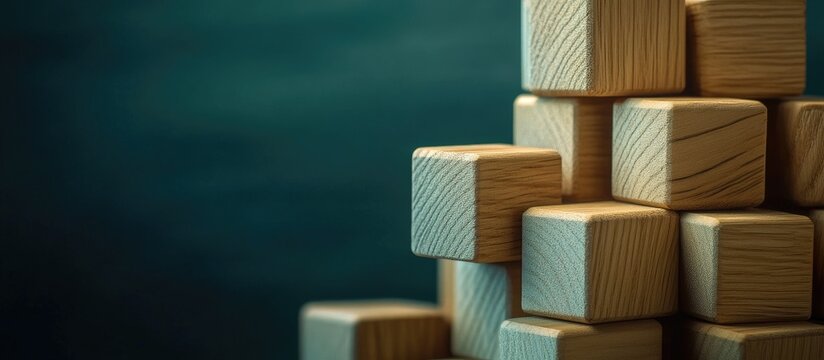 Business development concept using wood block construction Growth strategies and ideas A stack of square wooden cubes A backdrop for success leadership challenges creativity and performance in one 