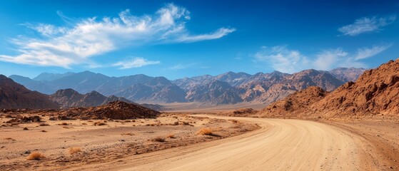 Fototapeta premium A dirt road cuts through a desert landscape, bordered by towering mountains against a backdrop of a blue sky dotted with wispy clouds