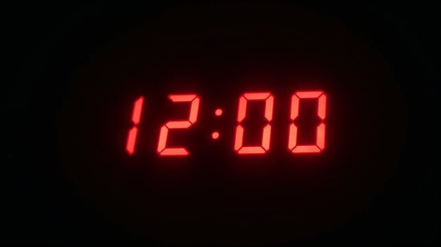 Photorealistic digital clock display showing 12:00, glowing red numbers against a dark background, tense and exciting moment