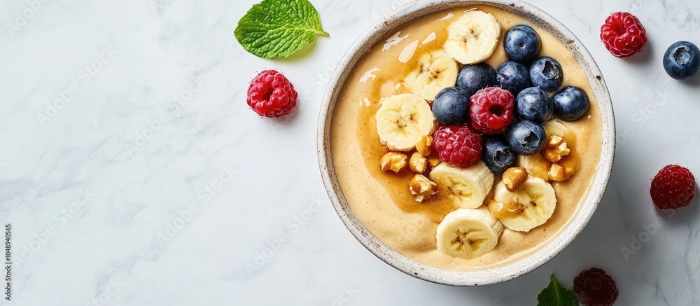 Leinwandbilder dairy free banana ice cream or a vegan smoothie bowl topped with berries and peanut butter on a whit