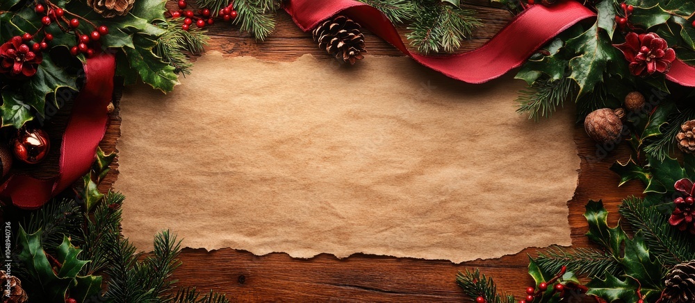 Poster christmas background border featuring a merry christmas ribbon holly and winter greenery on parchmen