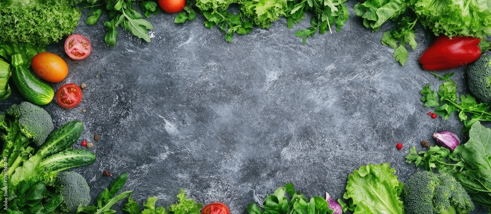 Poster frame created from fresh vegetables on a stone background components for a vegetable salad flat lay 