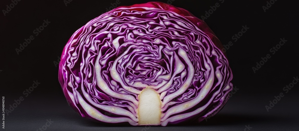 Poster a cut red cabbage revealing its texture. with copy space image. place for adding text or design