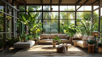 Fototapeta premium Modern Living Room with Large Windows and Lush Greenery
