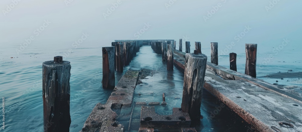 Aufkleber old wooden seaside pier remnants of aged piers close to the ocean water. with copy space image. plac