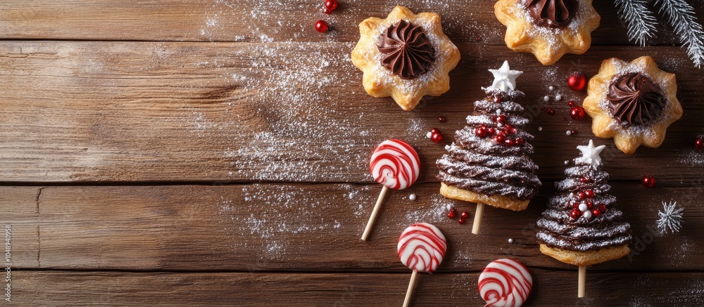 Aufkleber christmas tree shaped puff pastry cakes filled with chocolate dusted with powdered sugar and adorned