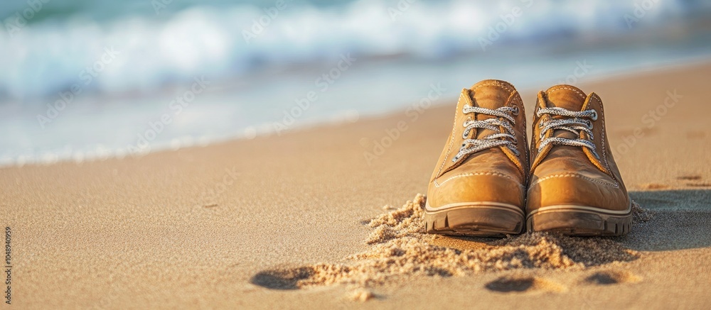 Poster footwear on beach sand. with copy space image. place for adding text or design