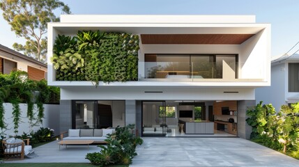 Fototapeta premium Modern House with a Green Wall and a Patio