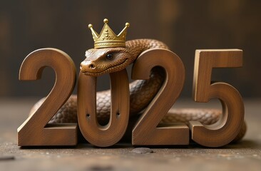Wooden 2025 featuring a wooden snake as the Chinese zodiac symbol. A new year's concept.