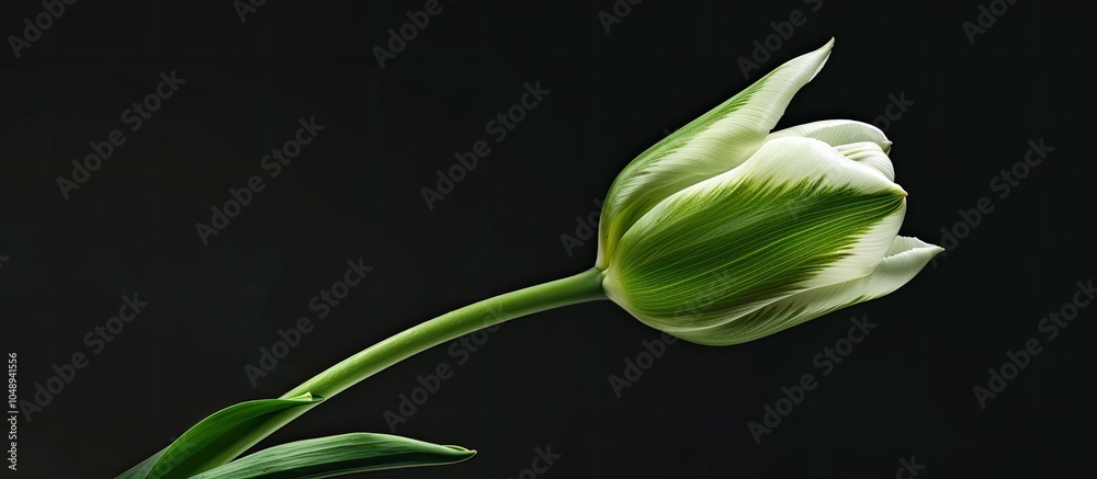 Leinwandbilder a closed tulip head in green and white. with copy space image. place for adding text or design