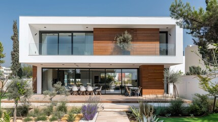 Fototapeta premium Modern White House with Wooden Accents and a Patio