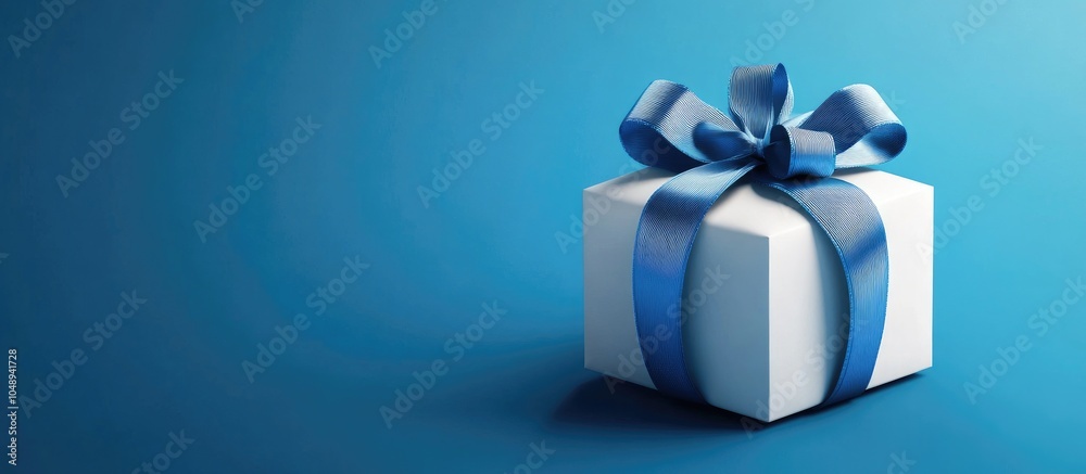 Poster A New Year gift box adorned with a blue ribbon There is empty space available for design. with copy space image. Place for adding text or design
