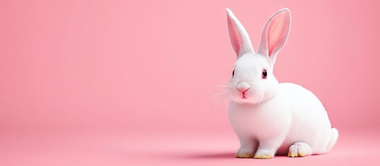 Obraz premium Banner featuring a white rabbit pattern as a symbol for Easter set against a pink background. with copy space image. Place for adding text or design